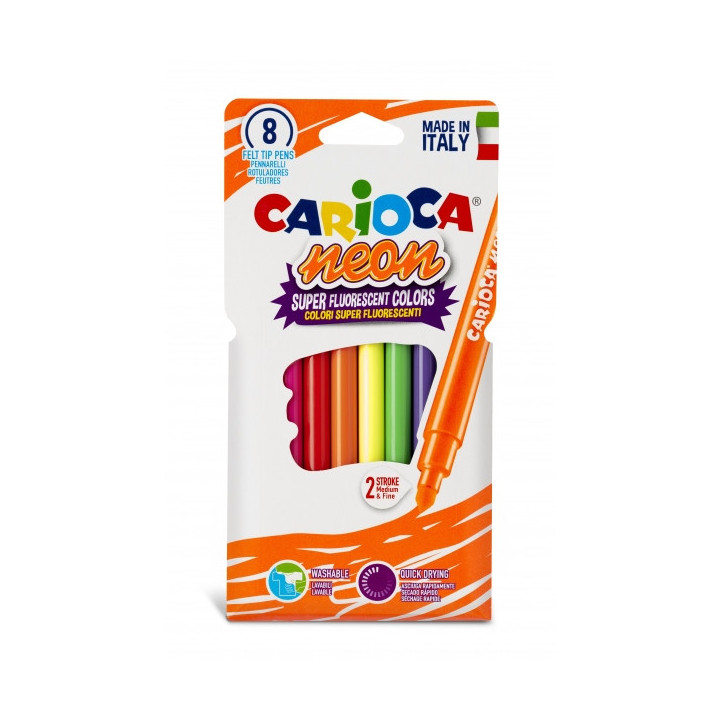 Carioca Neon Pack de 8 Rotuladores - Tinta Fluorescente - Perfecto para Colorear y Subrayar - Lavable de la Piel y Tejidos - Pu