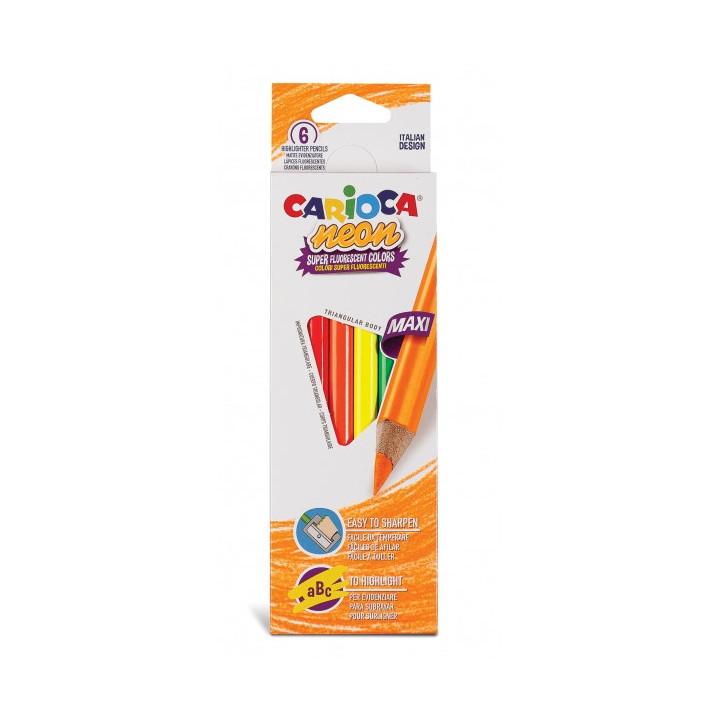 Carioca Pack de 6 Lapices Triangulares Maxi Neon - Colores Fluorescentes - Escritura Blanda - Aptos para Subrayar y Resaltar -