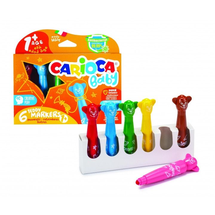 Carioca Baby Teddy Pack de 6 Rotuladores - Super Seguros - Forma Ergonomica - Tinta Superlavable - Dermatologicamente Testado -
