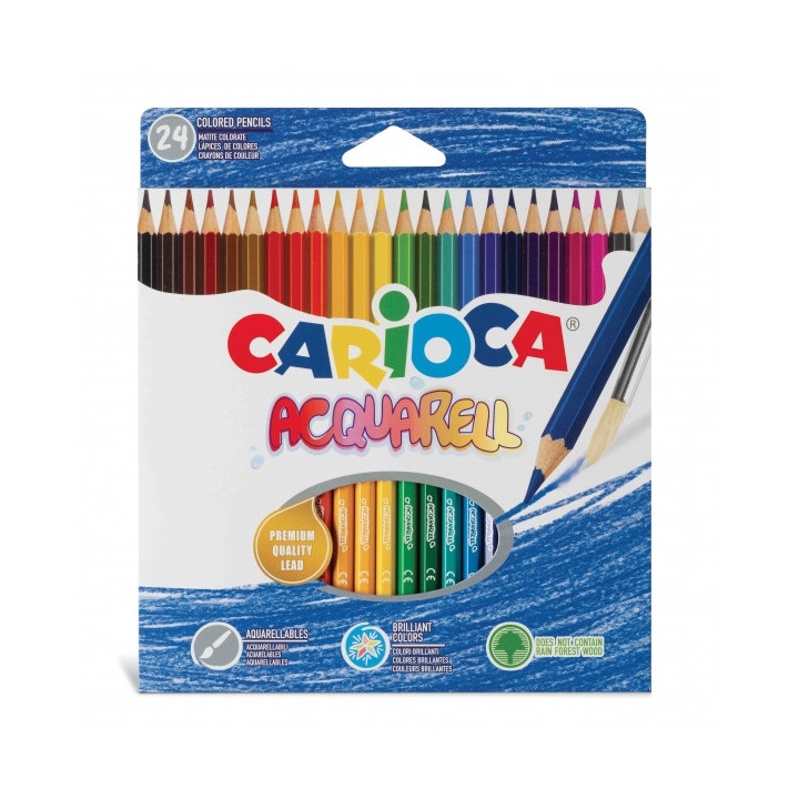 Carioca Acquarell Pack de 24 Lapices Acuarelables - Efecto Acuarela con Agua y Pincel - Colores Intensos - Escritura Suave - Mi