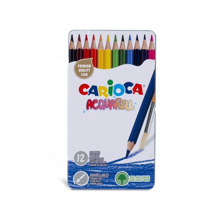 Carioca Acquarell Pack de 12 Lapices Acuarelables - Caja de Metal - Efecto Acuarela con Agua y Pincel - Colores Intensos y Bril