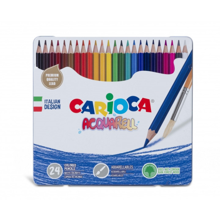 Carioca Acquarell Pack de 24 Lapices Acuarelables - Caja de Metal - Efecto Acuarela con Agua y Pincel - Colores Intensos y Bril