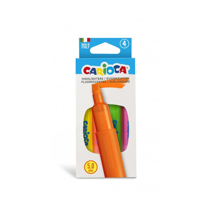 Carioca Memory Pack de 4 Subrayadores - Punta Biselada de 5mm - Brillantes y Lavables - Tinta a Base de Agua - Color Varios