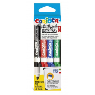 Carioca Whiteboard Clip Pack de 4 Rotuladores Borrables para Pizarras Blancas - Punta Media - Punta de Ø 4.5mm - Tapa con Clip