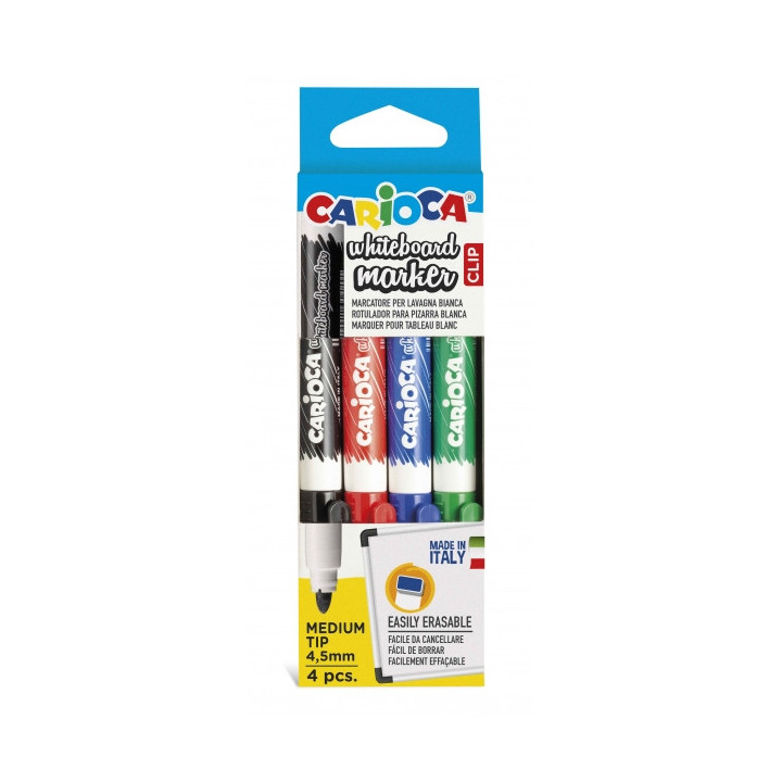 Carioca Whiteboard Clip Pack de 4 Rotuladores Borrables para Pizarras Blancas - Punta Media - Punta de Ø 4.5mm - Tapa con Clip