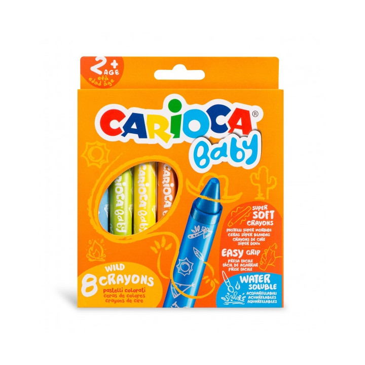 Carioca Pack de 8 Ceras Baby 2+ - Super Suaves - Gran Dimension para Facil Agarre - Escritura Suave - Colores Brillantes y Lava
