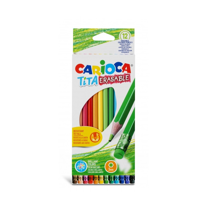 Carioca Tita Pack de 12 Lapices Borrables de Resina - Cuerpo Hexagonal - Colores Brillantes y Lavables - Escritura Blanda - Min