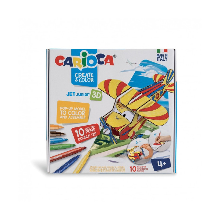 Carioca Pop-Up Jet Junior Modelos para Colorear y Construir + 10 Rotuladores Doble Punta Colores Surtidos - Aventura con Nuevos