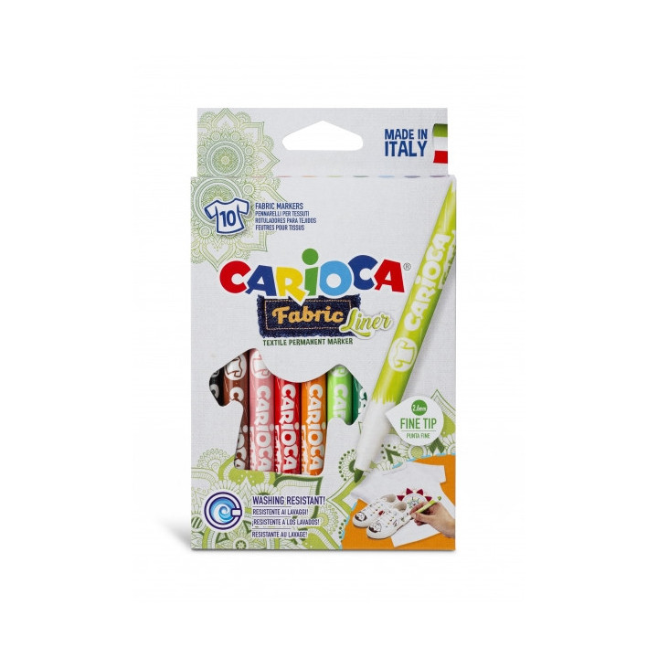 Carioca Fabric Pack de 10 Rotuladores para Tejidos - Punta Fina - Tinta Especial para Tejidos - Colores Indelebles - Punta Maxi