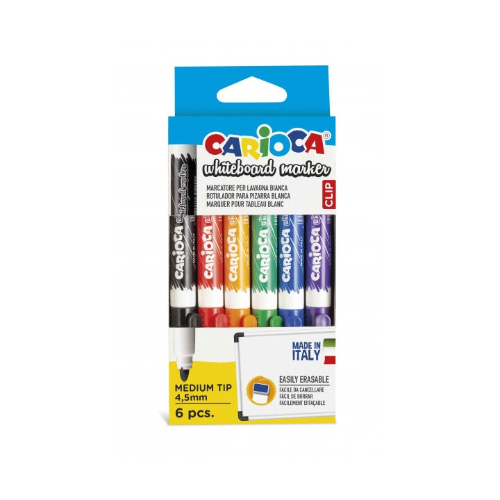 Carioca Pack de 6 Rotuladores para Pizarra Blanca - Punta de Ø 4.5mm - Tapa con Clip - Se Borra Facilmente y Se Seca Rapidamen
