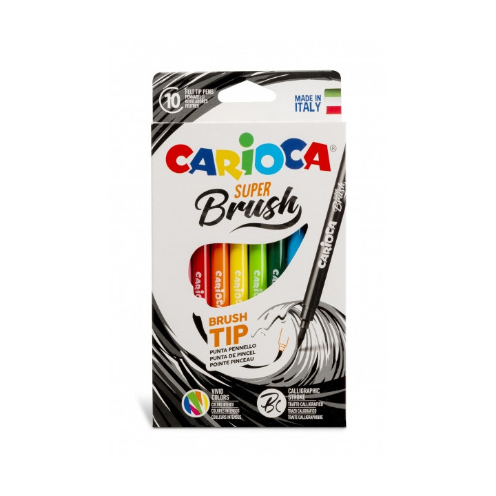 Carioca Super Brush Pack de 10 Rotuladores - Punta Pincel Suave y Flexible - Tinta Lavable - Colores Super Brillantes - Perfect
