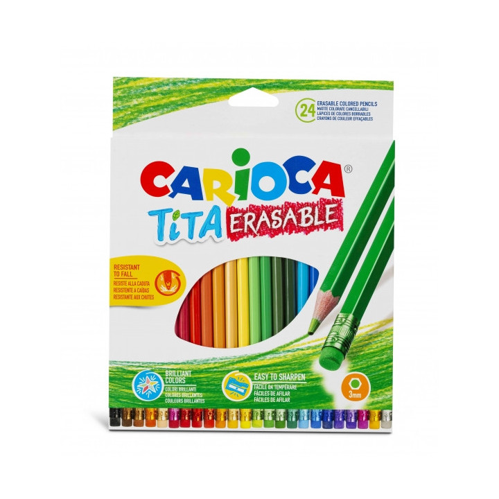 Carioca Tita Pack de 24 Lapices Borrables de Resina - Cuerpo Hexagonal - Colores Brillantes y Lavables - Escritura Blanda - Min