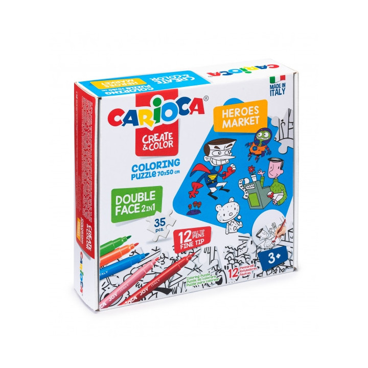 Carioca Coloring Puzzle Super Heroes & Market Puzzle de 35 Piezas a Doble Cara para Colorear + 12 Rotuladores - Carton Duro y E