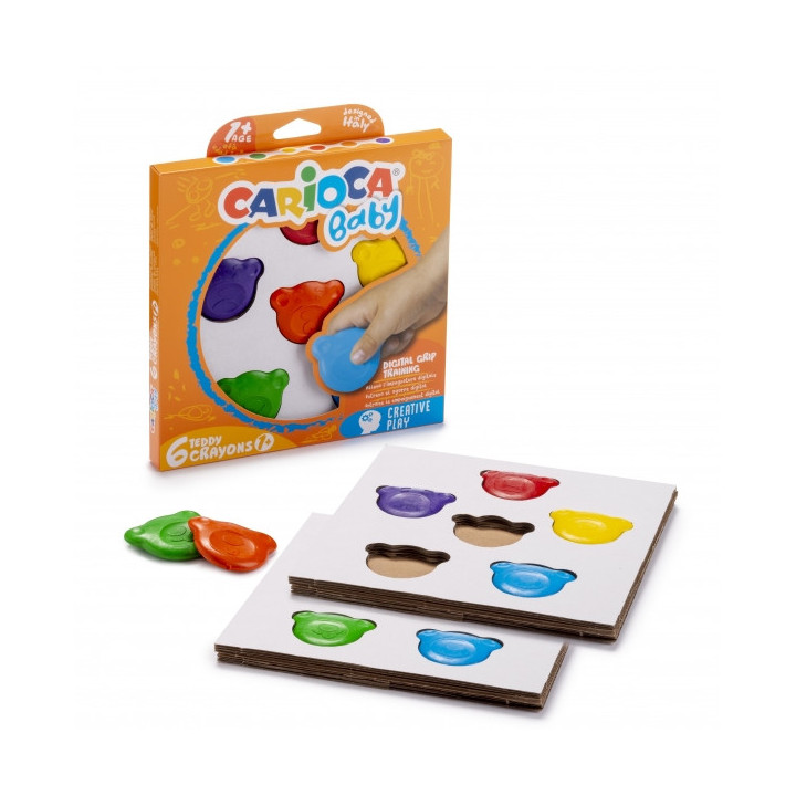 Carioca Teddy Crayons Pack de 6 Ceras de Colores - Certificadas a Partir de 12 Meses - Diseñadas para Entrenar el Agarre Digit