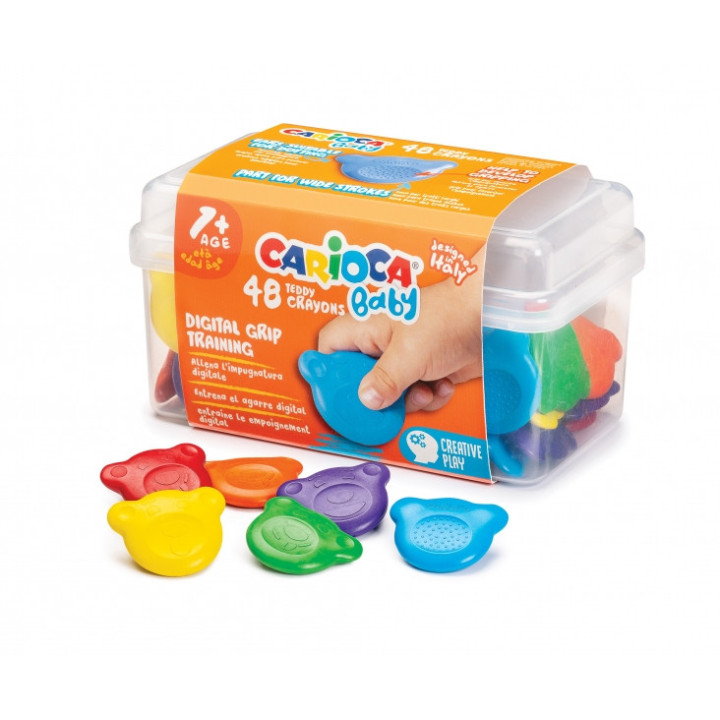 Carioca Baby Teddy Crayons Pack de 48 Ceras - Maletin de Plastico - Certificadas a Partir de 12 Meses - Diseñadas para Entrena