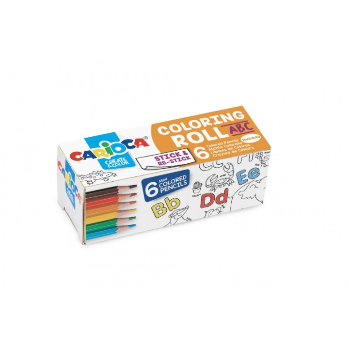 Carioca Mini Coloring Roll Abc de Papel Adhesivo para Colorear + 6 Lapices de Colores - Aplicable en Superficies Verticales u H