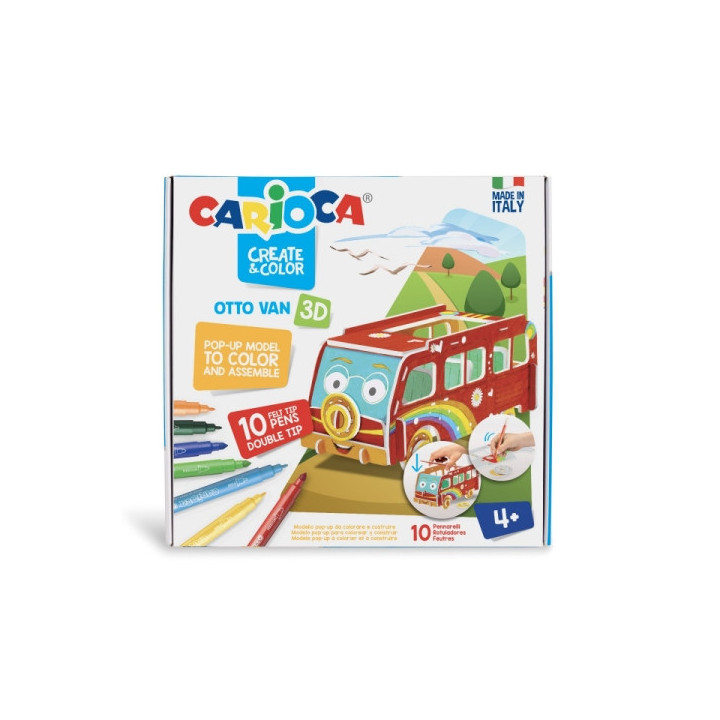 Carioca Pop-Up Otto Van Modelos para Colorear y Construir + 10 Rotuladores Doble Punta Colores Surtidos - Aventura con Nuevos C