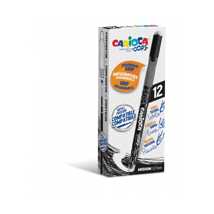 Carioca Oops Boligrafos Borrables - Tinta Termo Sensible - Empuñadura Ergonomica Triangular - Punta de Ø 0.7mm - Doble Goma -