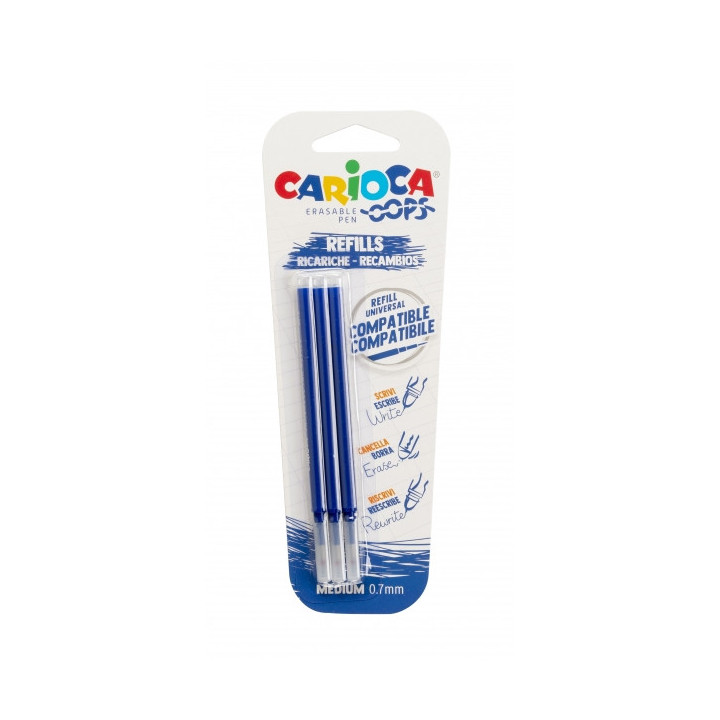 Carioca Oops Pack de 3 Recambios para Boligrafo Borrable - Tinta Termo Sensible - Punta de 0.7mm - Color Azul