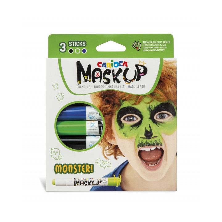 Carioca Mask Up Pack de 3 Colores para la Piel en Barra Monsters - Colores Brillantes - Lavables y Base Agua - Incluye Dos Tuto