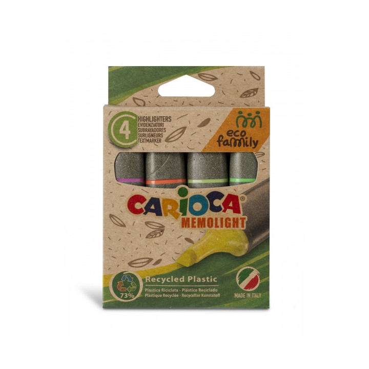 Carioca Eco Family Pack de 4 Subrayadores - Colores Brillantes - Tinta a Base de Agua - Punta Biselada de 5mm - Color Varios