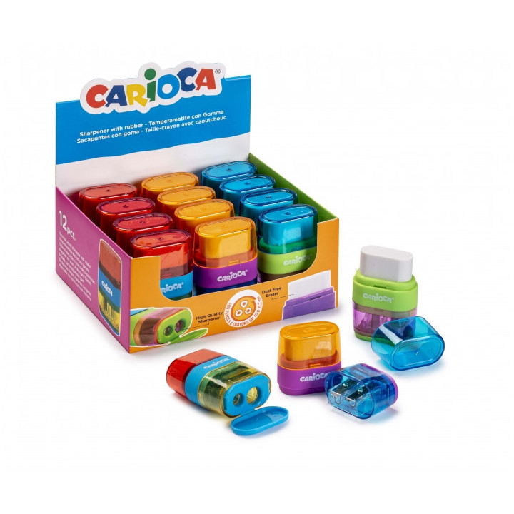 Carioca Afila-Borra Expositor de 12 Sacapuntas con Goma - Doble Agujero - Apto para Lapices y Ceras - Tornillo de Seguridad - D