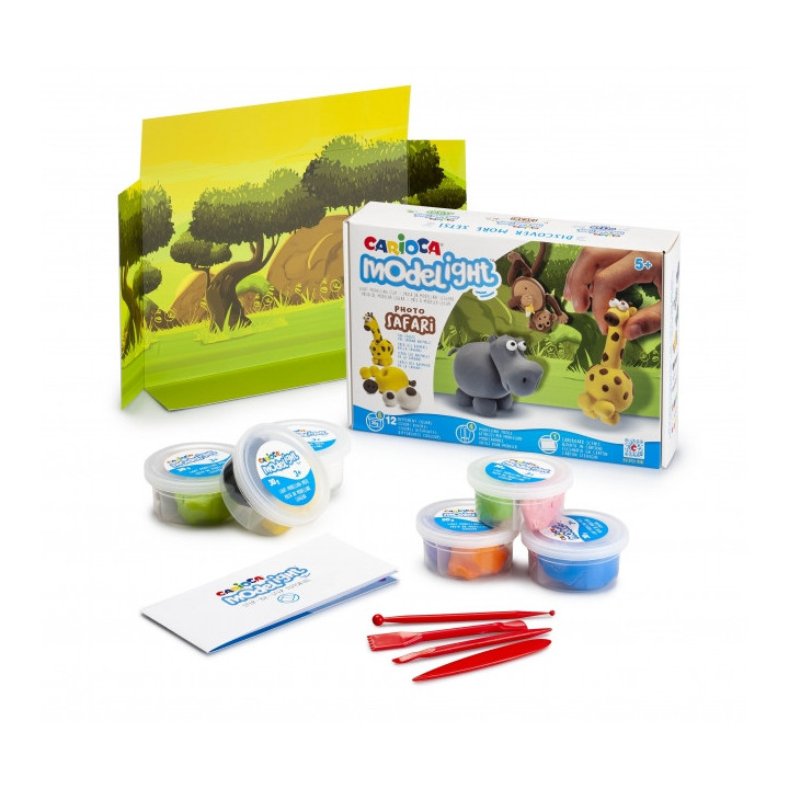 Carioca Pack Modelight Maxiplaybox Safari - Pasta de Moldear Ligera y Elastica - sin Gluten - Se Seca al Aire - Incluye Herrami