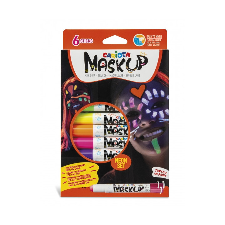 Carioca Mask Up Pack de 6 Colores para la Piel en Barra Neon - Ideales para Fiestas - Fluorescentes con Luz Ultravioleta - Bril
