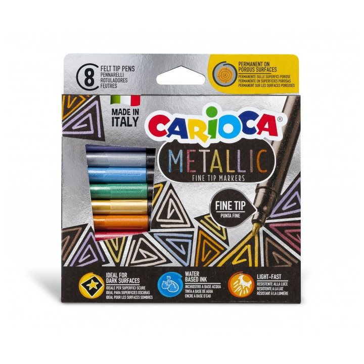 Carioca Metallic Fine Pack de 8 Rotuladores Metalicos - Punta Fina - Ideales para Superficies Oscuras - Colores Permanentes en