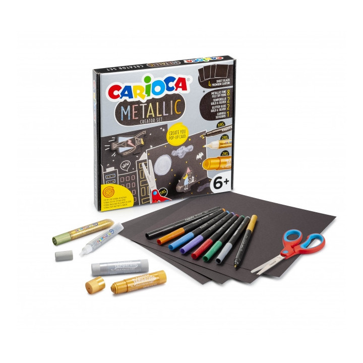 Carioca Metallic Pop Up Creator Juego para Realizar Super Cartulinas 3D - 8 Rotuladores Metalicos Punta Fina - 2 Temperello Oro