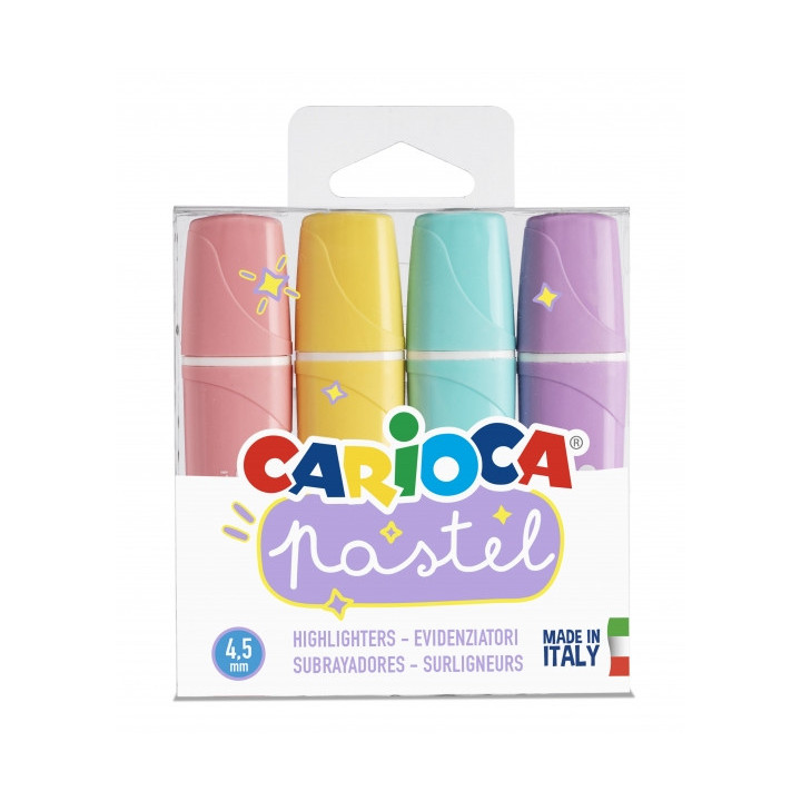 Carioca Memolight Pack de 4 Subrayadores Pastel - Tinta a Base de Agua y Lavable - Punta Biselada - Color Varios
