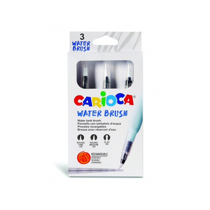 Carioca Pack de 3 Pinceles de Agua Recargables - Deposito Facil de Llenar - Perfectos para el Cole - 3 Tamaños Diferentes - Co