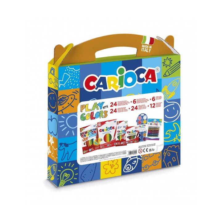 Carioca Play + Colors Pack Maletin de Plastico - 18 Lapices de Colores - 12 Acuarelas - 6 Rotuladores Jumbo Punta Maxi - 4 Rotu