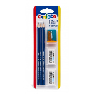 Carioca Pack de 3 Lapices de Grafito HB + 2 Gomas y Sacapunta - Facil de Borrar y Sacar Punta - Cuerpo Triangular Agradable al