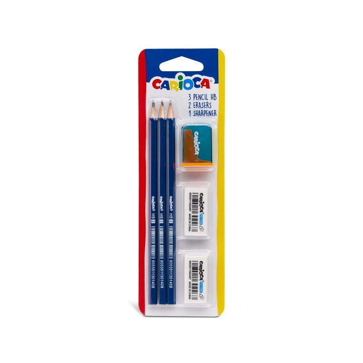 Carioca Pack de 3 Lapices de Grafito HB + 2 Gomas y Sacapunta - Facil de Borrar y Sacar Punta - Cuerpo Triangular Agradable al
