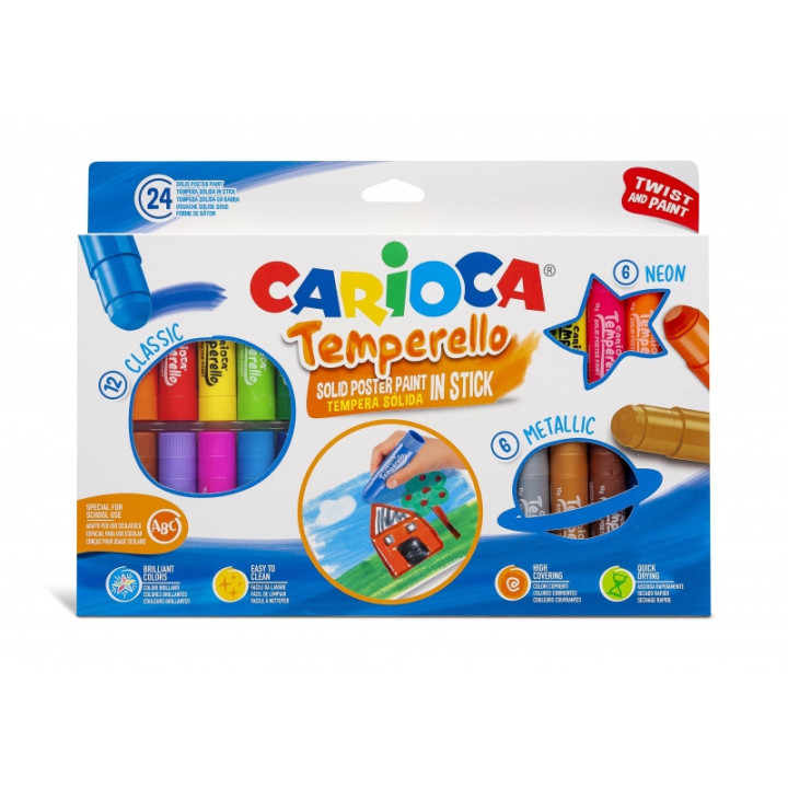 Carioca Temperello Pack de 24 Temperas Solidas - Colores Brillantes y Lavables - Gran Cobertura - Faciles de Mezclar - sin Diso