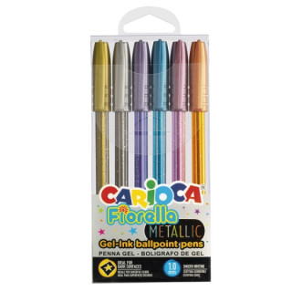 Carioca Fiorella Metallic Pack de 6 Boligrafos de Colores Tinta Gel - Punta de Bola 1mm - Cuerpo Transparente - Colores Metalic