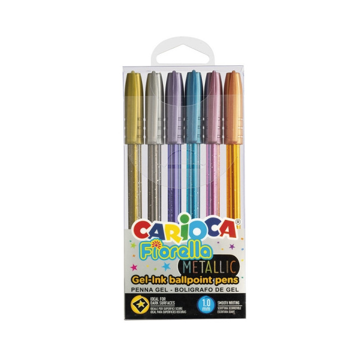 Carioca Fiorella Metallic Pack de 6 Boligrafos de Colores Tinta Gel - Punta de Bola 1mm - Cuerpo Transparente - Colores Metalic