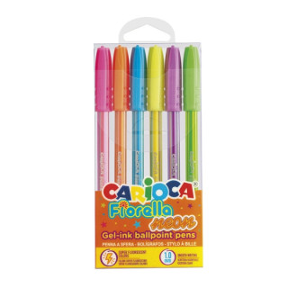 Carioca Fiorella Neon Pack de 6 Boligrafos de Colores Tinta Gel - Punta de Bola 1mm - Cuerpo Transparente Fluo - Colores Neon S
