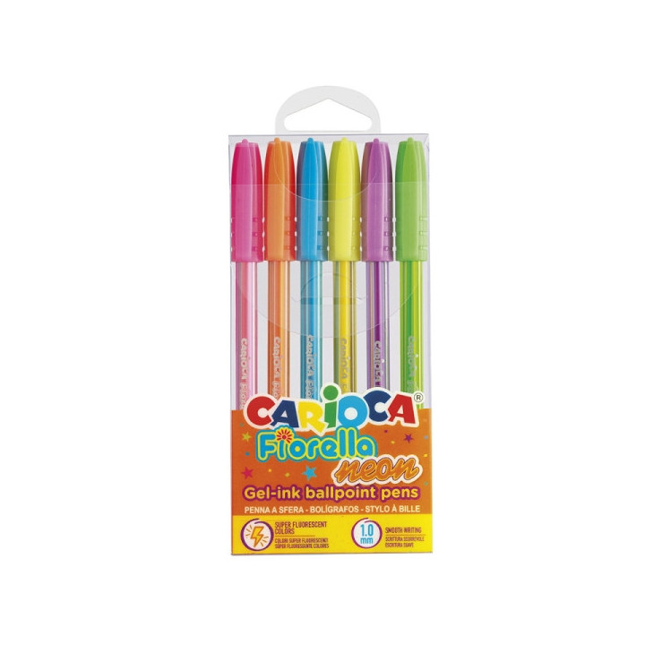 Carioca Fiorella Neon Pack de 6 Boligrafos de Colores Tinta Gel - Punta de Bola 1mm - Cuerpo Transparente Fluo - Colores Neon S