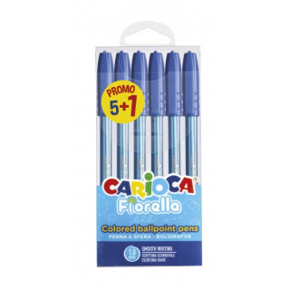 Carioca Fiorella Pack 5+1 Boligrafos Punta de Bola Ø 1mm - Cuerpo Transparente - Escritura Brillante y Colorida - Color Azul