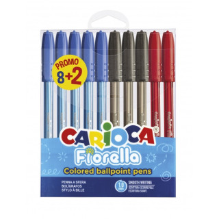 Carioca Fiorella Pack 8+2 Boligrafos Punta de Bola Ø 1mm - Cuerpo Transparente - Escritura Brillante y Colorida - Colores Surt