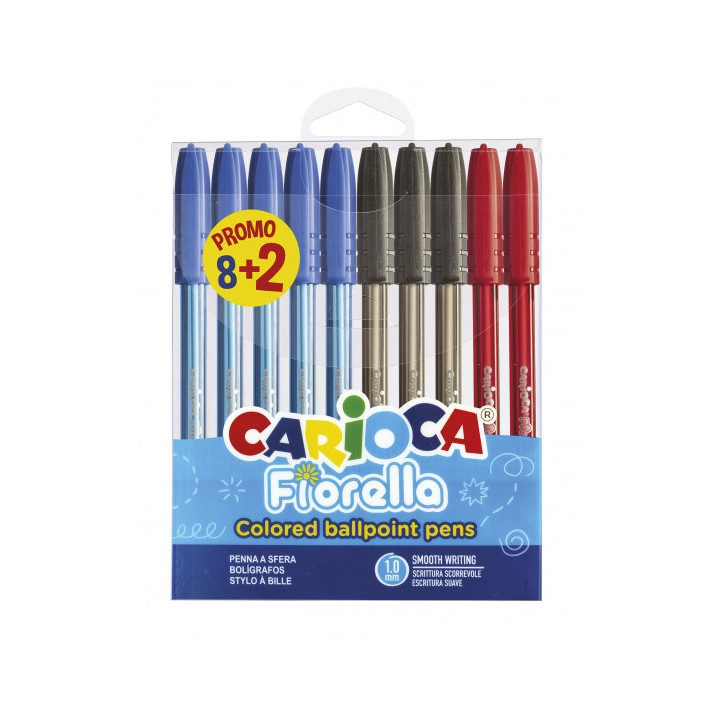 Carioca Fiorella Pack 8+2 Boligrafos Punta de Bola Ø 1mm - Cuerpo Transparente - Escritura Brillante y Colorida - Colores Surt