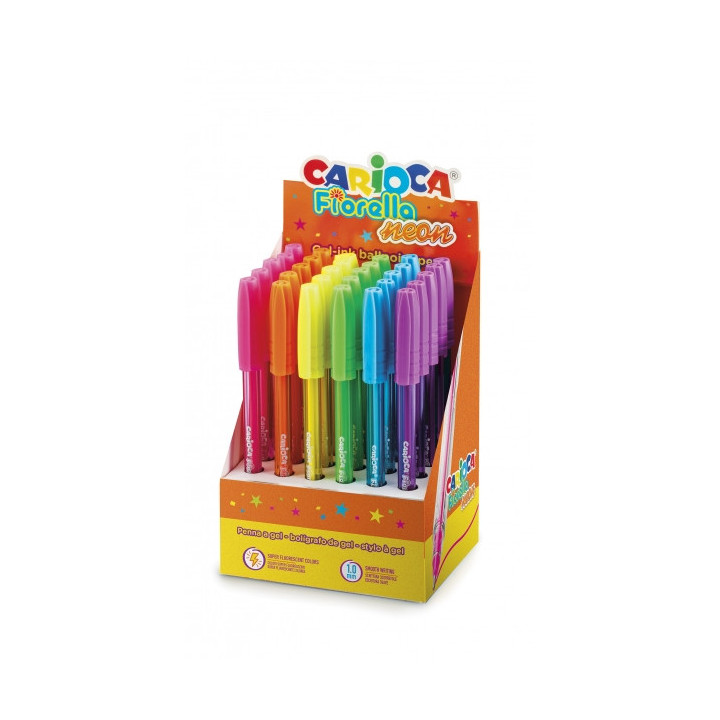 Carioca Fiorella Expositor de 30 Boligrafos Neon - Punta de Esfera - Cuerpo Transparente Fluo - Escritura Brillante y Colorida