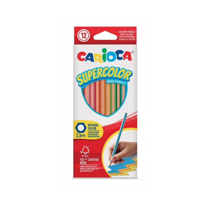 Carioca Supercolor Pack de 12 Lapices de Colores - Cuerpo de Madera Hexagonal - Colores Intensos y Gran Opacidad - Mina de 3.3m