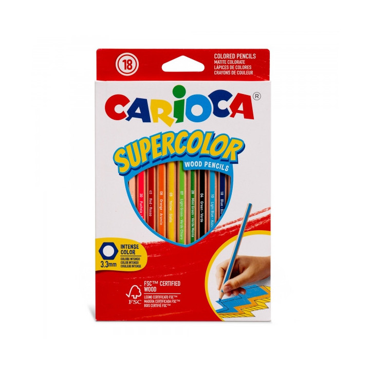 Carioca Supercolor Pack de 18 Lapices de Colores - Cuerpo de Madera Hexagonal - Colores Intensos y Gran Opacidad - Mina de 3.3m