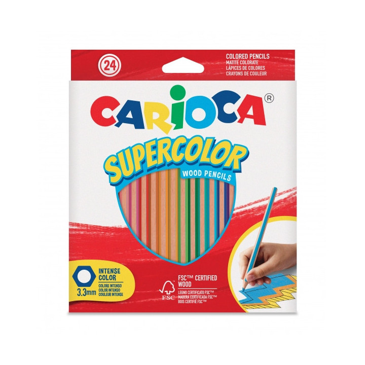 Carioca Supercolor Pack de 24 Lapices de Colores - Cuerpo de Madera Hexagonal - Colores Intensos y Gran Opacidad - Mina de 3.3m
