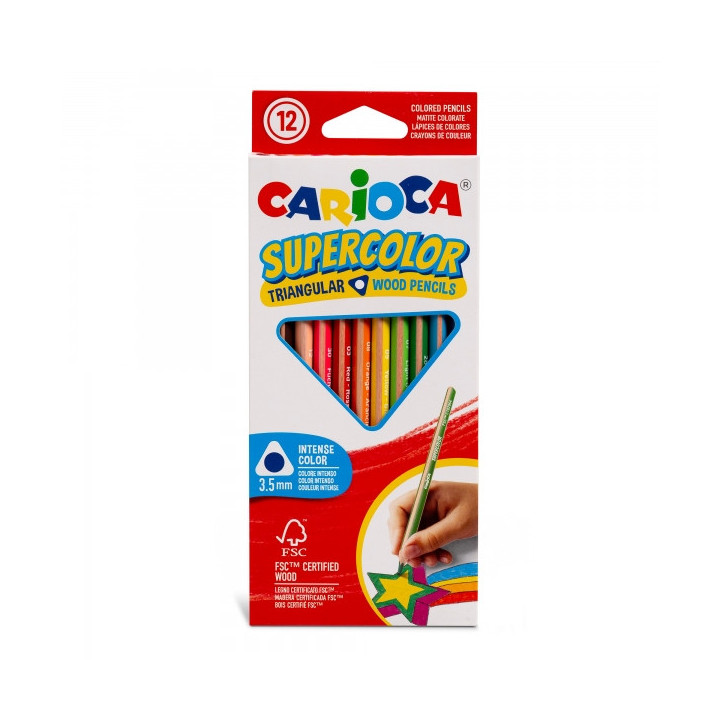 Carioca Supercolor Pack de 12 Lapices de Colores - Cuerpo de Madera Triangular - Colores Intensos y Gran Opacidad - Mina de 3.5