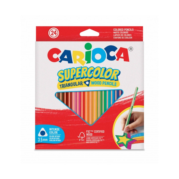Carioca Supercolor Pack de 24 Lapices de Colores - Cuerpo de Madera Triangular - Colores Intensos y Gran Opacidad - Mina de 3.5