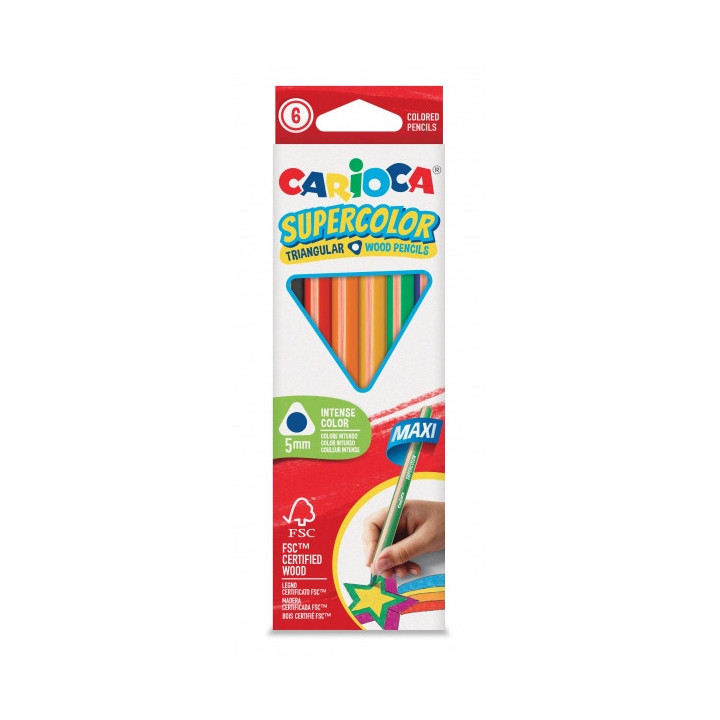 Carioca Supercolor Pack de 6 Lapices de Madera - Cuerpo Triangular Maxi - Colores Intensos y Gran Opacidad - Lapizgrueso Ø 5mm